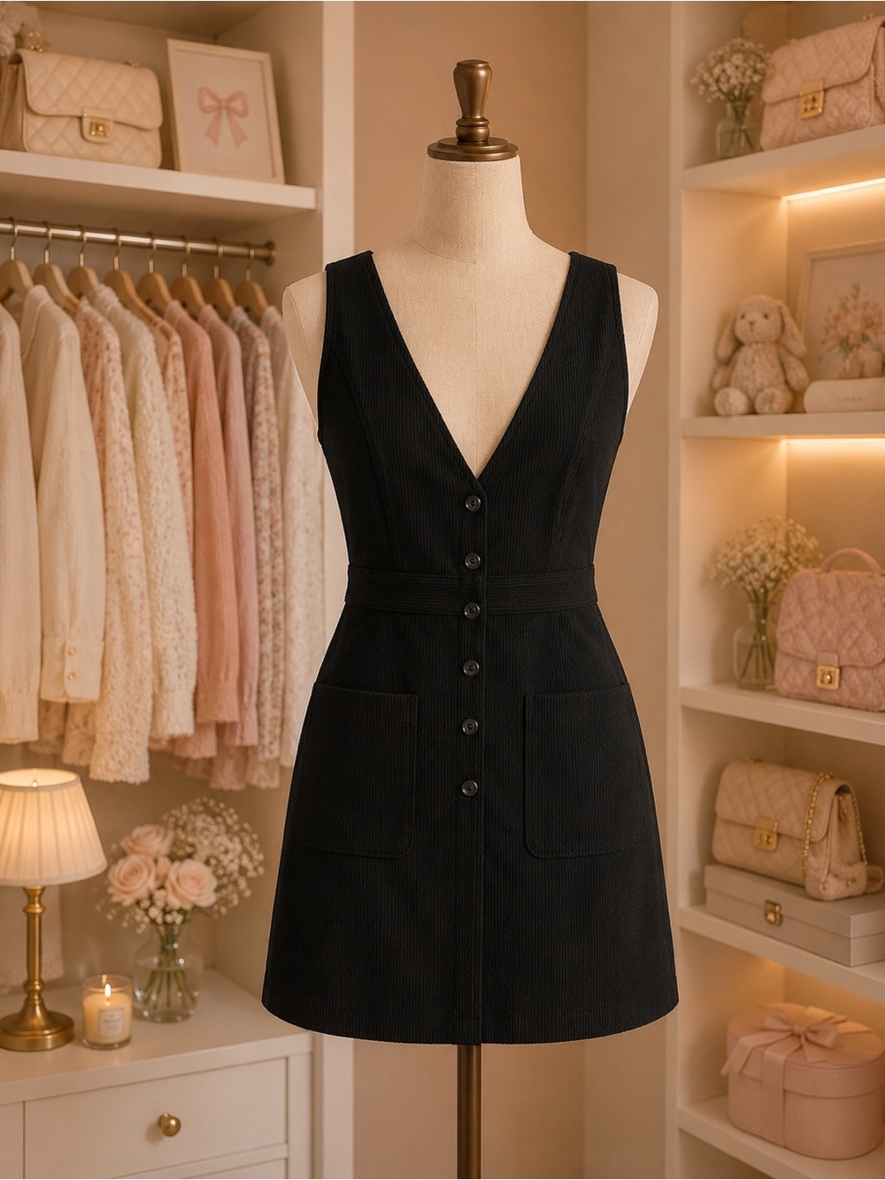 SHEIN Black Sleeveless V-Neck Button-Front Mini Dress